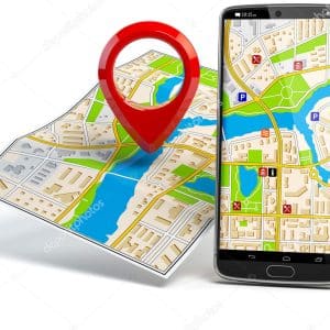 martphone and pin on city map. Mobile GPS navigation travel and